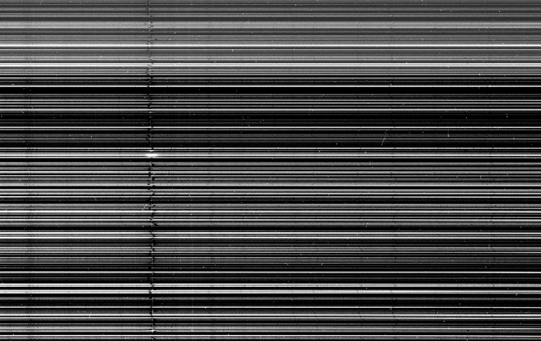 This picture shows a part of the CCD Camera image of the 3rd HERMES detector. Spectra per star go horizontally with a greyscale indicating the number of photons/electrons counted. Absorption lines, like the strong H alpha line in the left third of each spectrum, are dark black lines that wiggle left to right from star to star due to their motion toward or away from us.